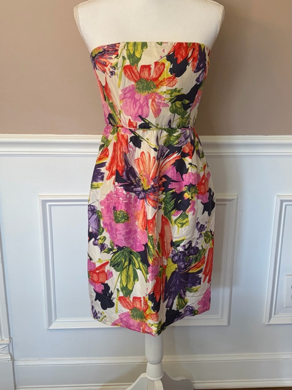 J. Crew Strapless Floral Dress in Cream with Pink, Purple & Green